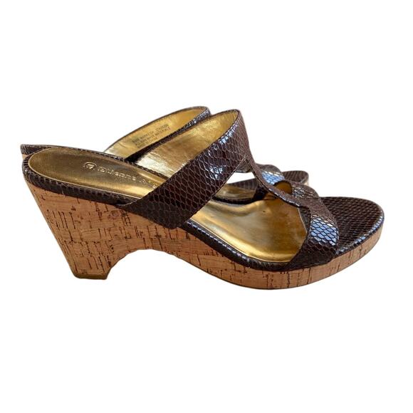 Etienne Aigner US 6.5M sandals cork wedgie heels slides brown snakeskin shoes - Picture 2 of 8